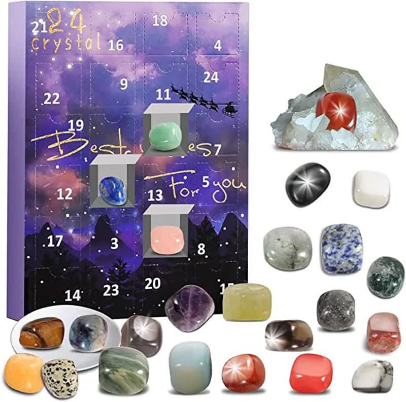 Stone Advent Calendar with 24 Natural Gemstones and Daily Compartments