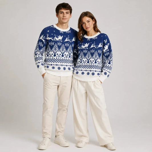 Unisex Christmas Reindeer Jacquard Knit Crewneck Sweater