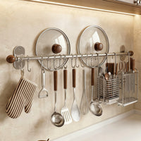 Wall-Mounted Stainless Steel Kitchen Utensil Rack with Hooks
