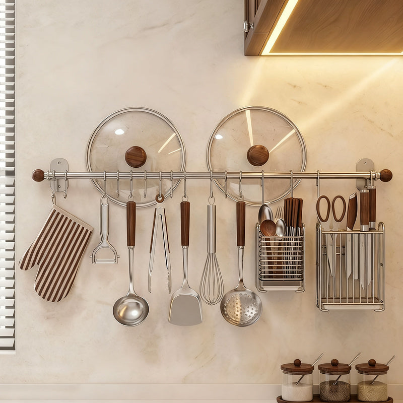 Wall-Mounted Stainless Steel Kitchen Utensil Rack with Hooks