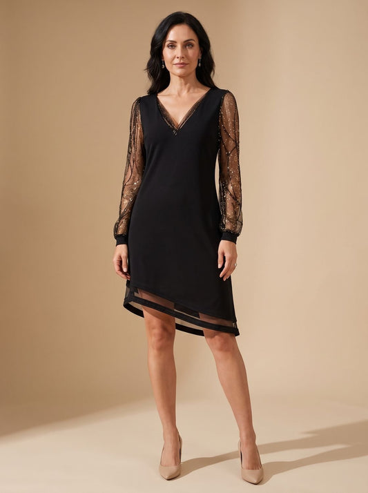 Women's Black Christmas Party Mini Dress with Sheer Sequin Long Sleeves and V-Neck