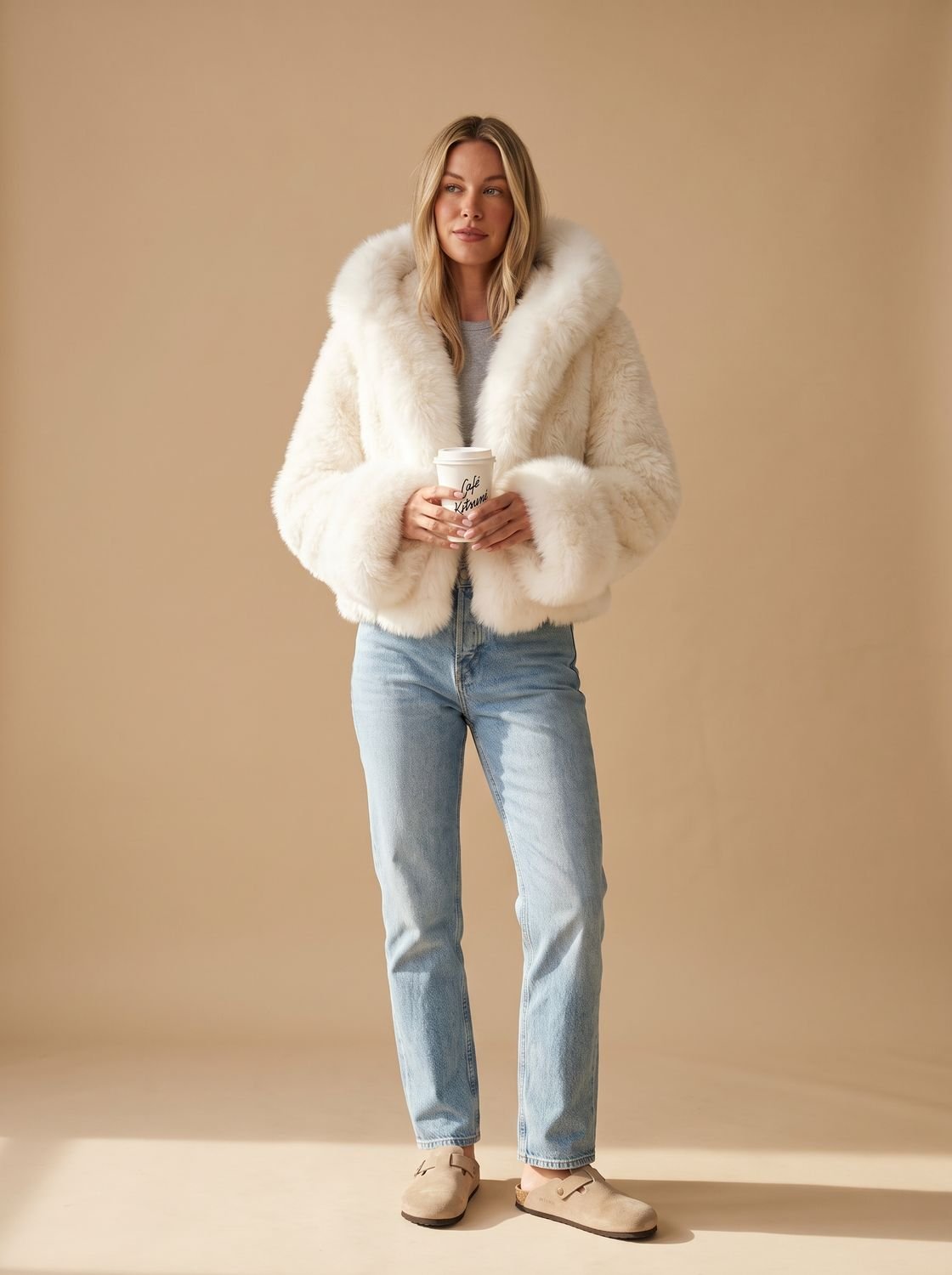 Women's Casual Faux Fur Hooded Cropped Coat