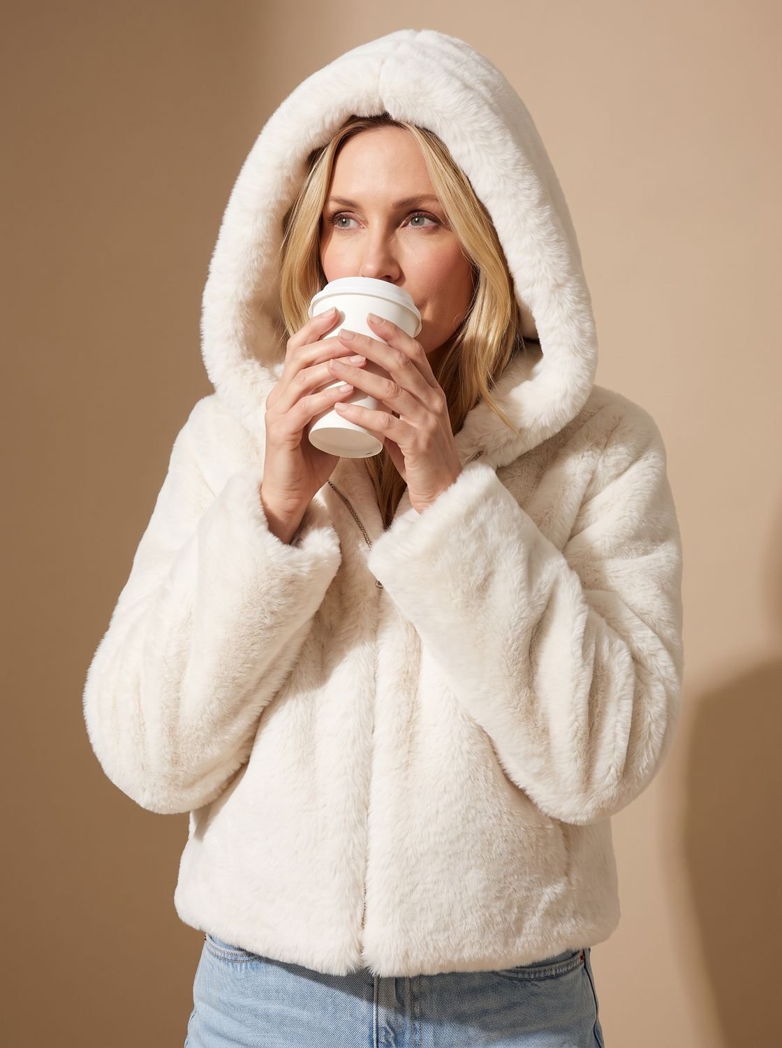 Women's Casual Faux Fur Hooded Cropped Coat