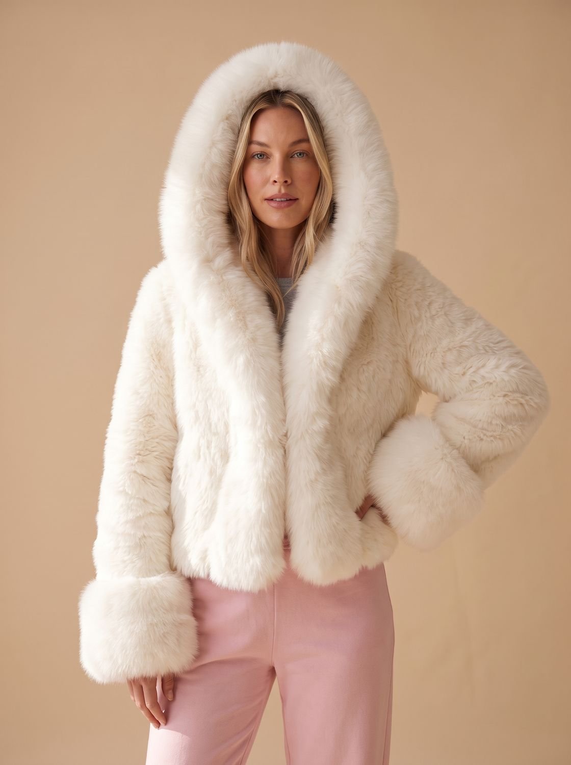 Women's Casual Faux Fur Hooded Cropped Coat