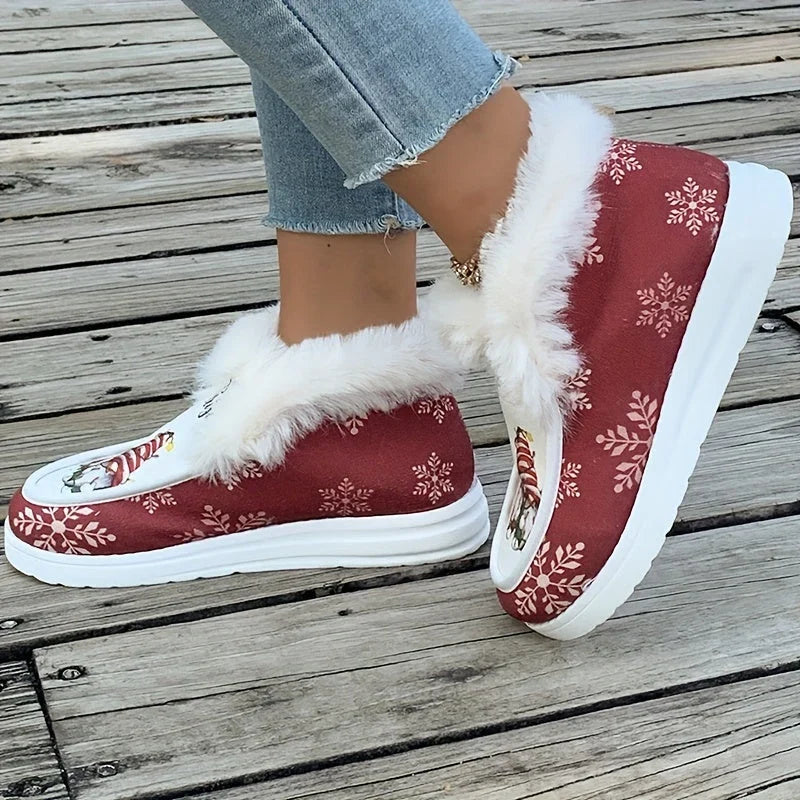 Women's Christmas Gnome Print Fuzzy-Lined Snow Boots