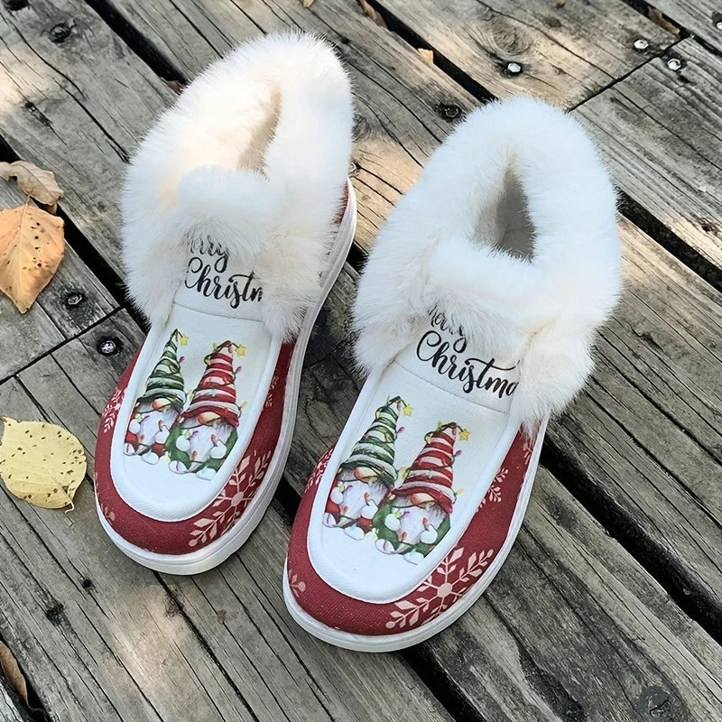 Women's Christmas Gnome Print Fuzzy-Lined Snow Boots