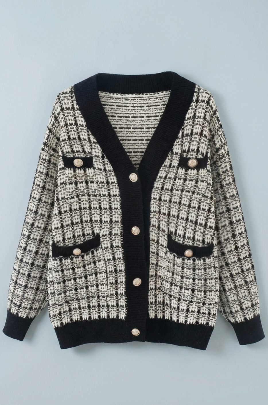 Women's Chunky Knit V-Neck Tweed Cardigan with Gold Buttons