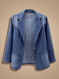 Women's Elegant Denim Blazer Jacket with Single Button and Notched Lapels