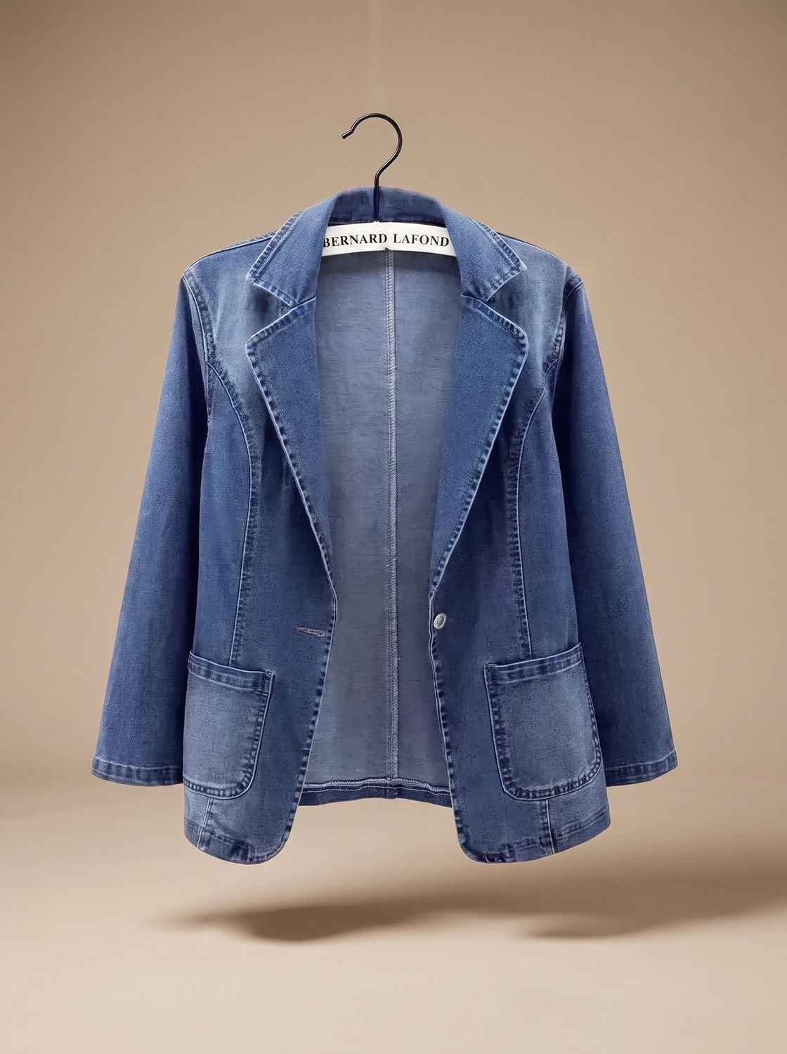 Women's Elegant Denim Blazer Jacket with Single Button and Notched Lapels