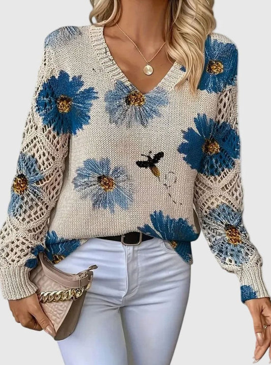 Women's Floral Knit V-Neck Pullover Sweater with Crochet Sleeves