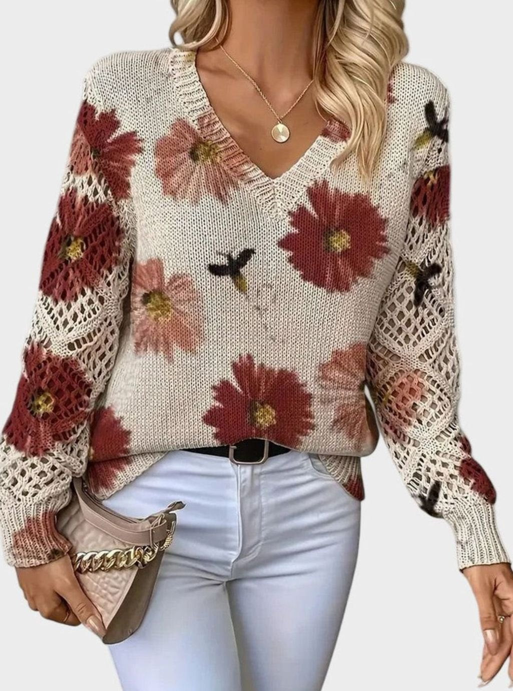 Women's Floral Knit V-Neck Pullover Sweater with Crochet Sleeves