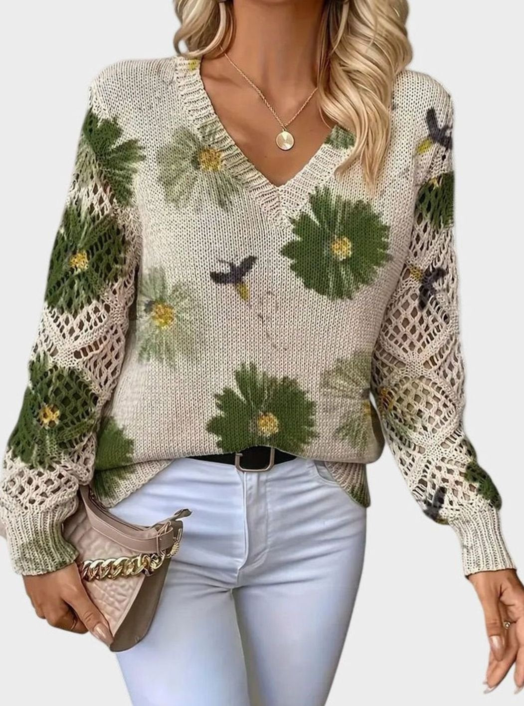 Women's Floral Knit V-Neck Pullover Sweater with Crochet Sleeves
