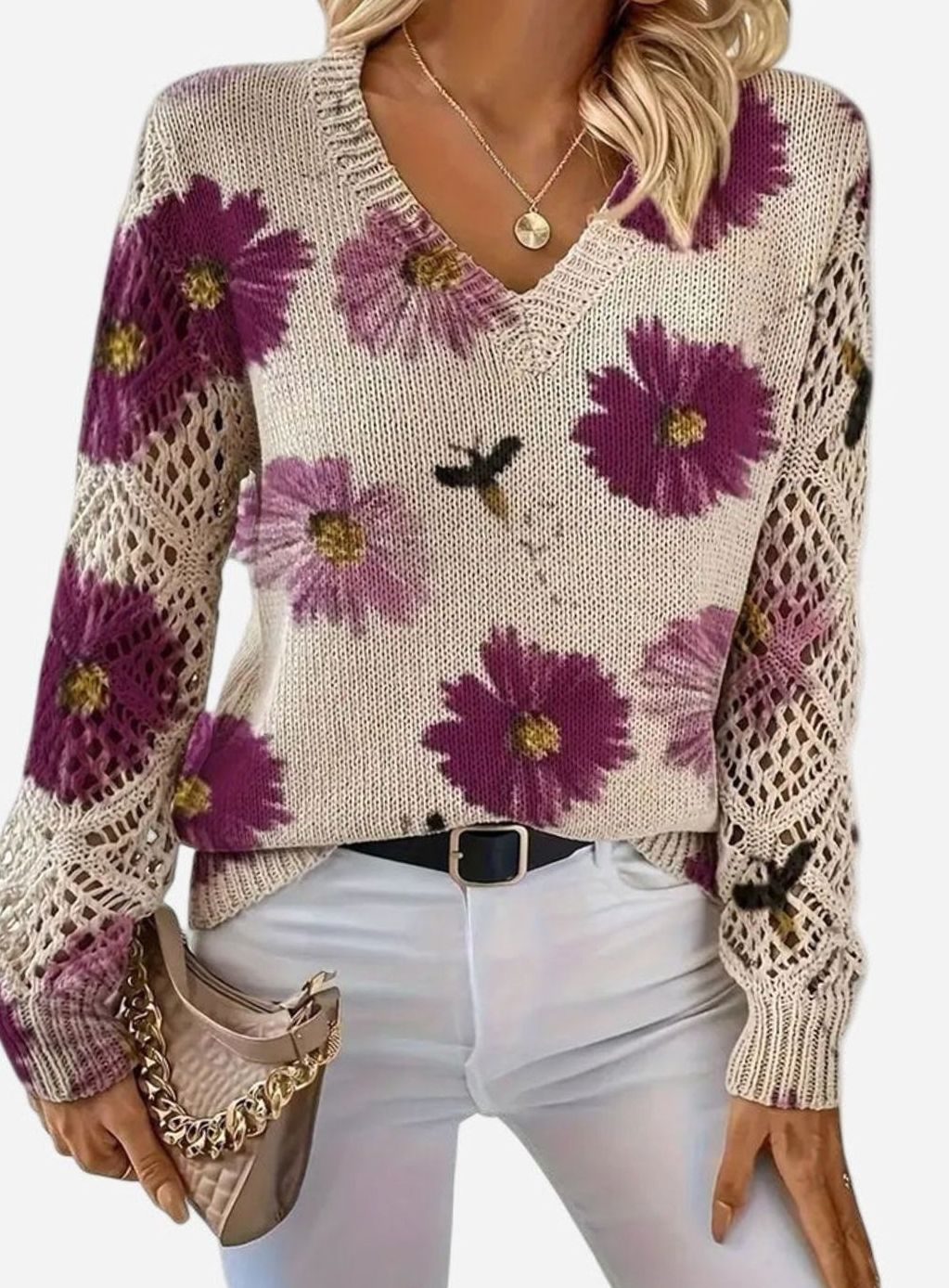 Women's Floral Knit V-Neck Pullover Sweater with Crochet Sleeves