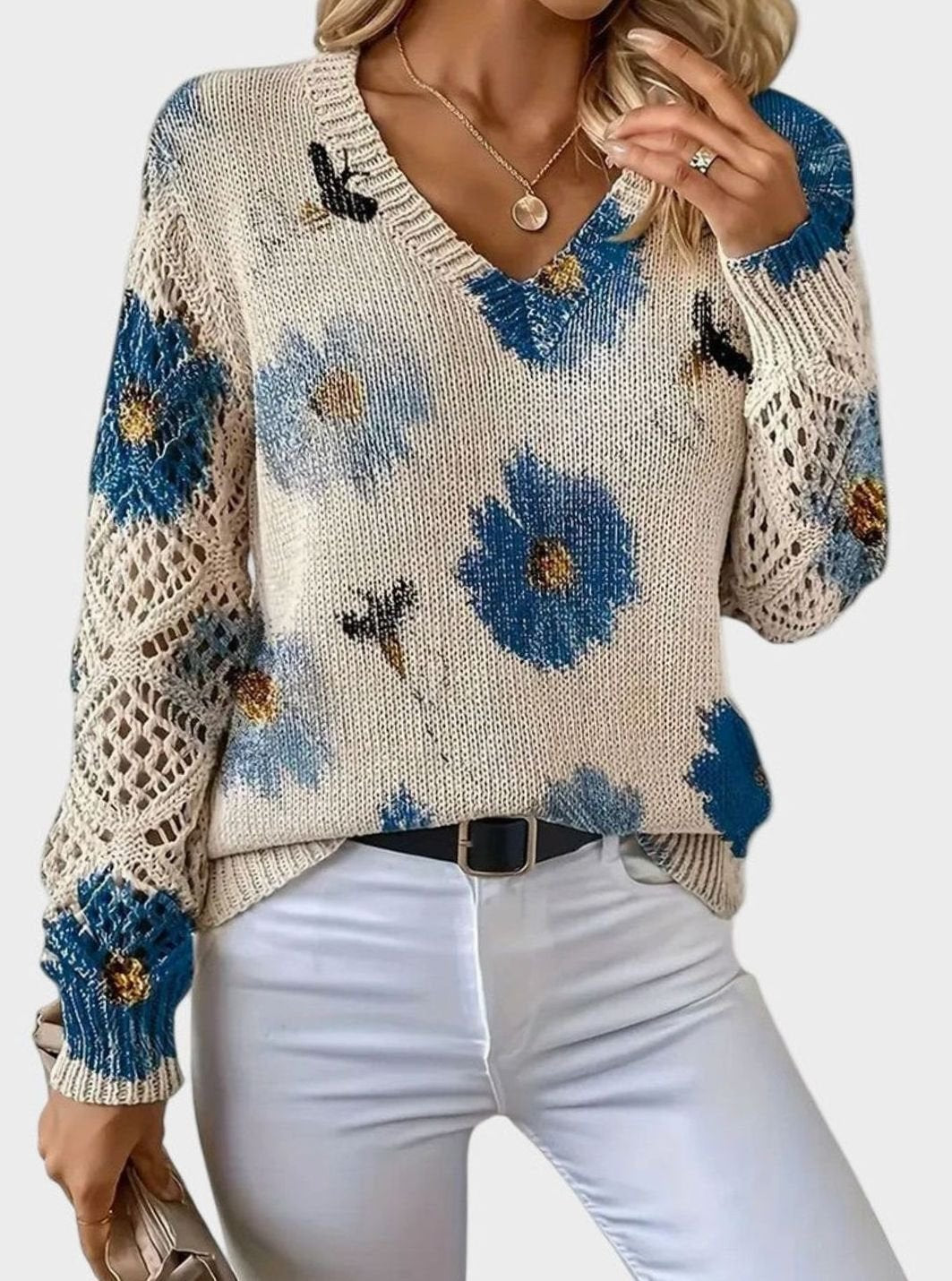 Women's Floral Knit V-Neck Pullover Sweater with Crochet Sleeves