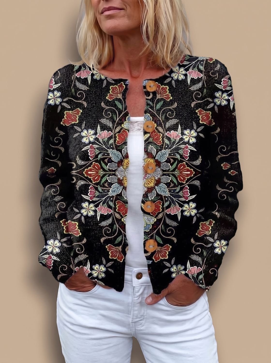 Women's Floral Long-Sleeve Knit Button-Front Cardigan
