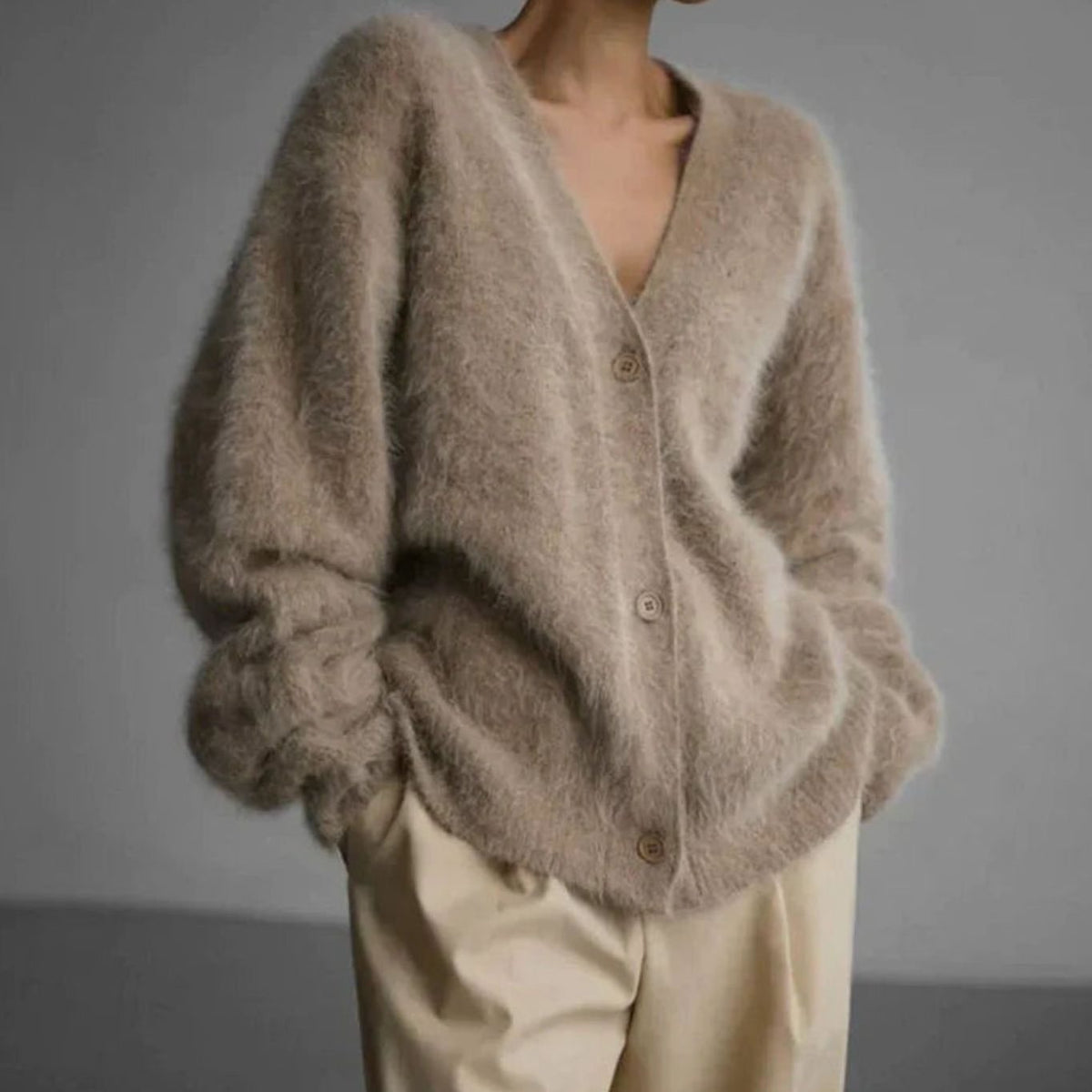 Women's Fluffy V-Neck Button-Front Oversized Cardigan Jumper