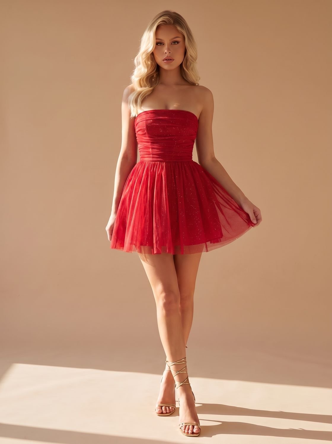 Women's Glitter Pleated Strapless Bustier Christmas Party Mini Dress
