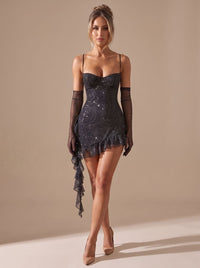 Women's Glitter Ruffle Mini Christmas Party Dress with Detachable Sleeves