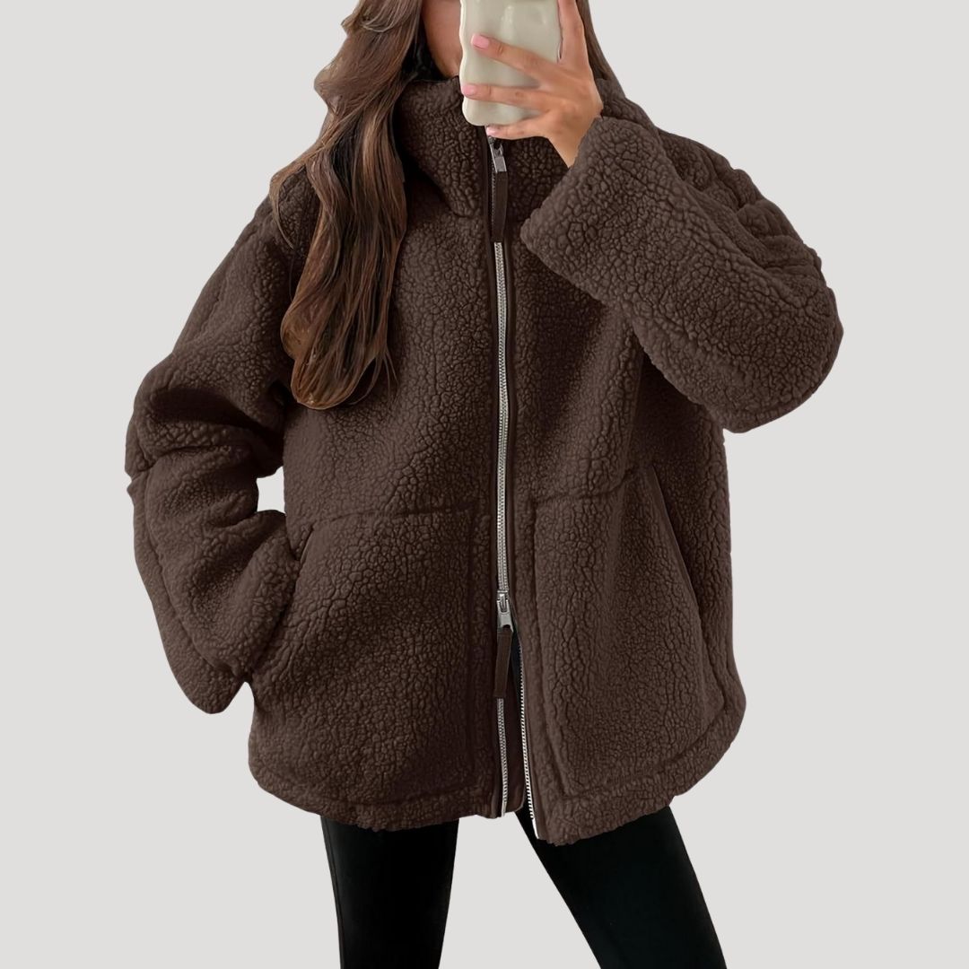 Women's High-Neck Zip-Up Teddy Jacket with Front Pockets