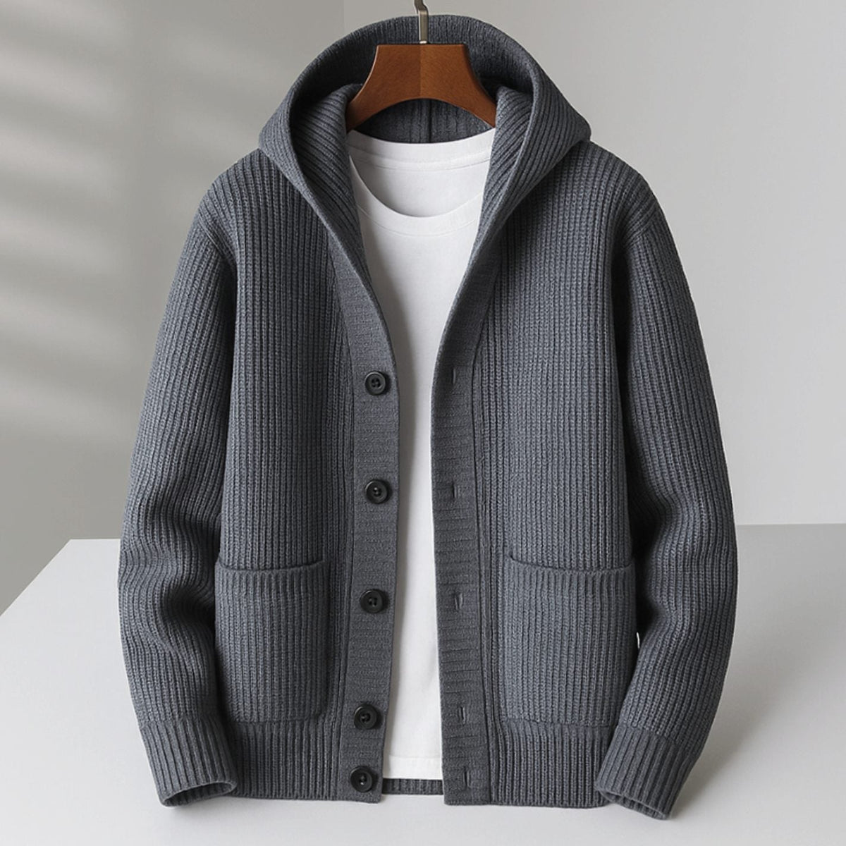 Women's Hooded Ribbed-Knit Button-Up Cardigan