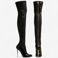 Women's Black Leather Pointed Toe Knee Boots