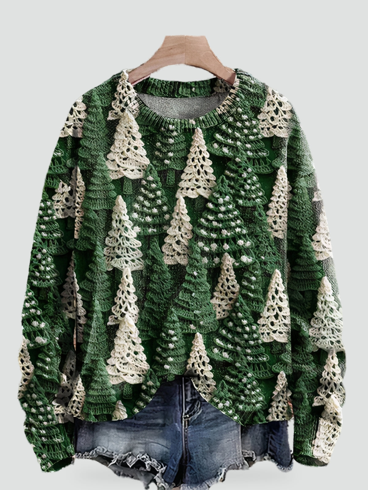 Women's Knitted Christmas Sweater with Soft Knit & Christmas Tree Print - Crewneck & Long Sleeves for Winter Outfits
