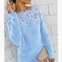 Women's Lace-Trim Floral Embroidered Long Sleeve Knit Sweater