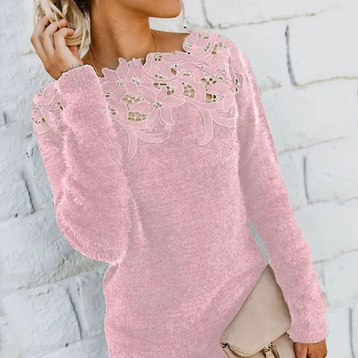 Women's Lace-Trim Floral Embroidered Long Sleeve Knit Sweater