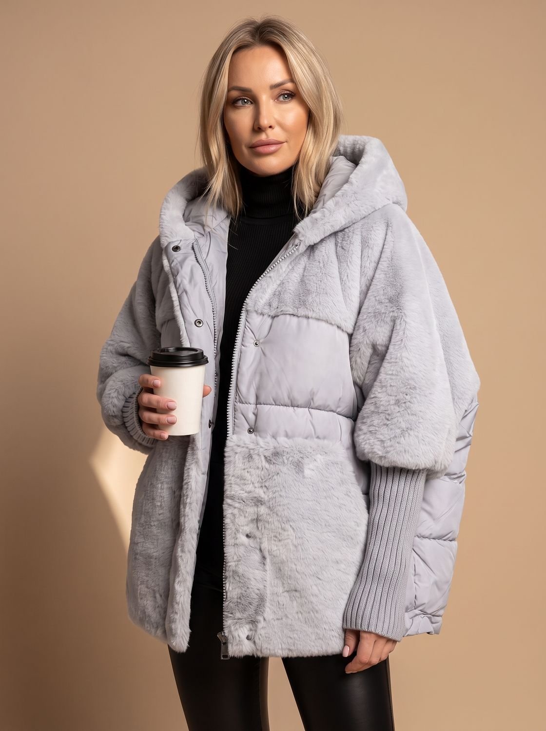Women's Oversized Quilted Puffer Coat with Faux Fur and Hood