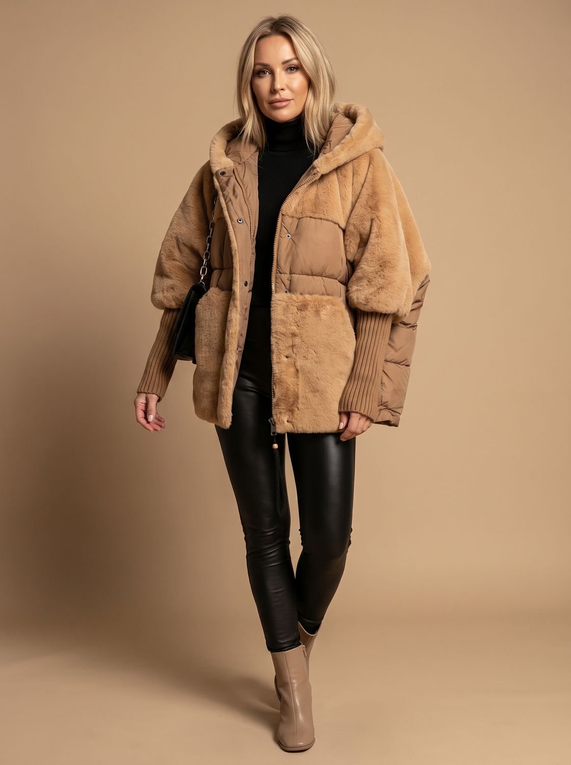Women's Oversized Quilted Puffer Coat with Faux Fur and Hood