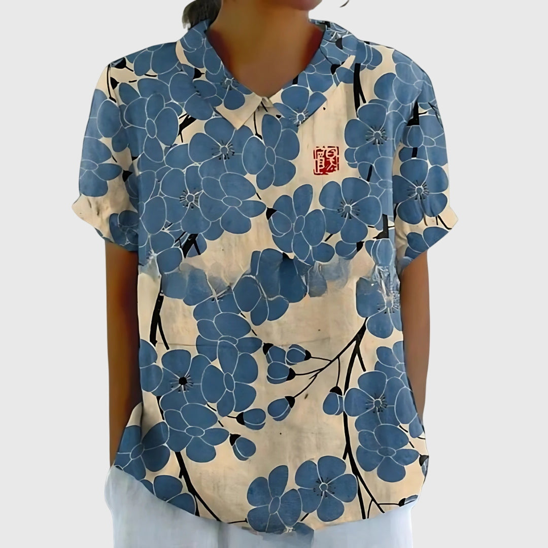 Women's Relaxed-Fit Short-Sleeve Blouse with Floral Print