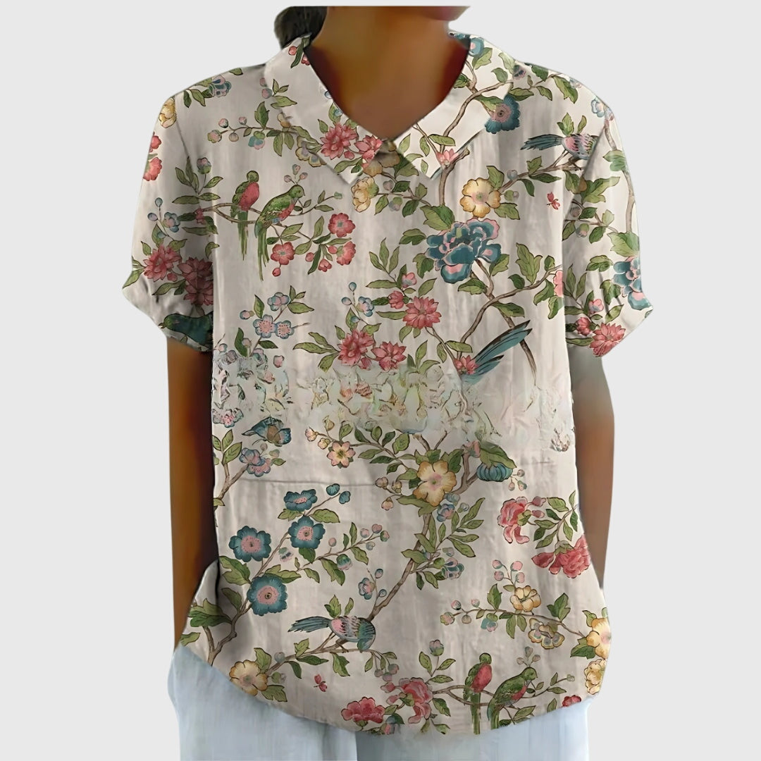 Women's Relaxed-Fit Short-Sleeve Blouse with Floral Print