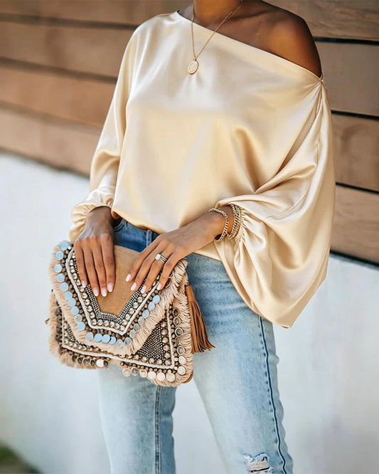 Women's Satin Blouse with Asymmetric Off-the-Shoulder Neckline and Wide Batwing Sleeves