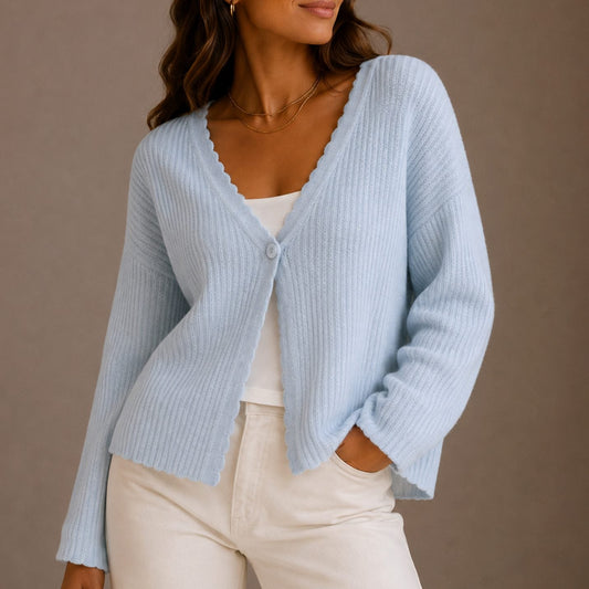 Women's Scallop-Trim V-Neck Single-Button Knit Cardigan