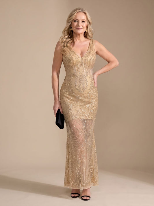 Women's Sequin Sheer Panel Fitted Maxi Christmas Party Dress