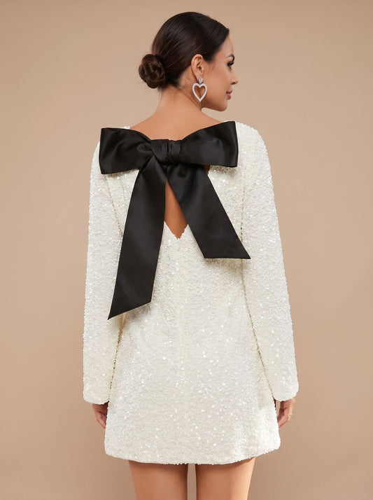 Women's Sparkly Sequin Mini Christmas Party Dress with Bell Sleeves and Bow Back