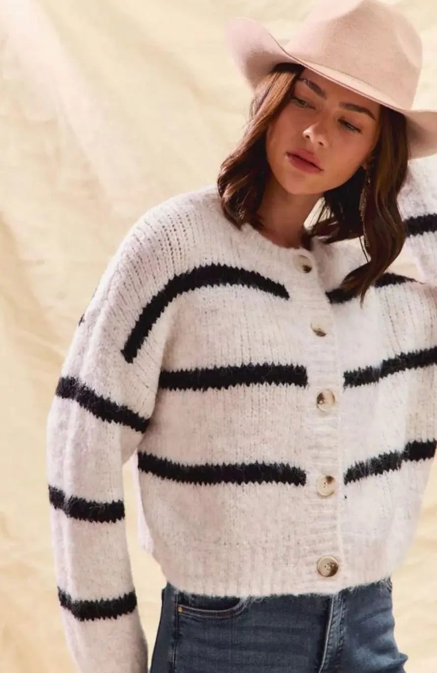 Women's Striped Button-Front Winter Knit Cardigan