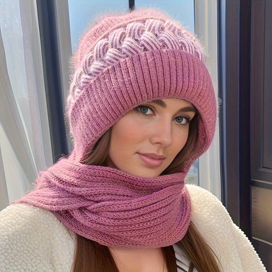 Wool Beanie and Scarf Set with Flexible Fit - Knitted Design for Cold Weather & Everyday Wear